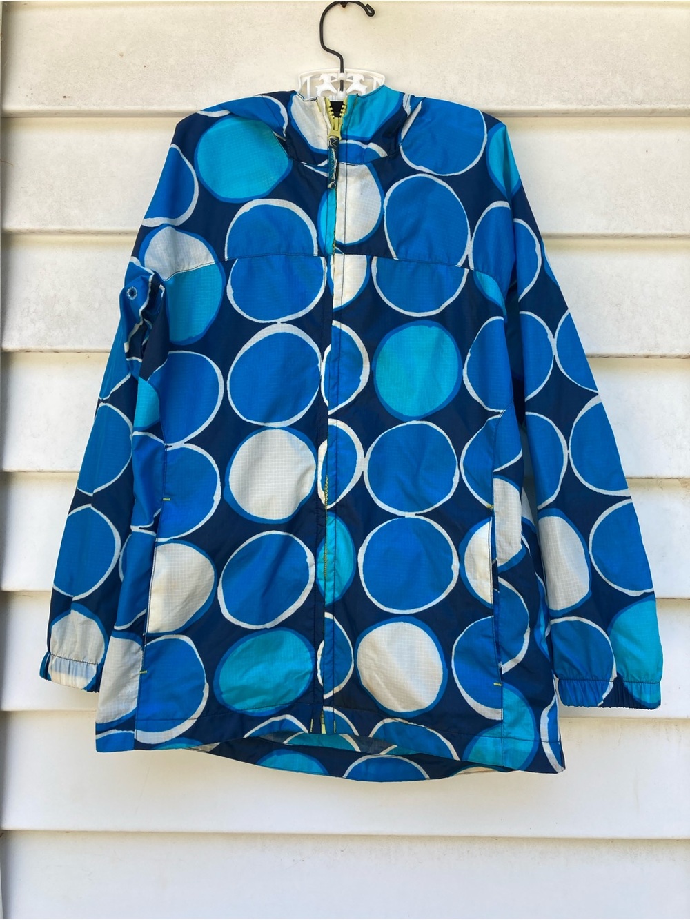 Lands' End Blue & White Circle-Print Kids Raincoat Sz S (7-8) Hooded 100% Nylon